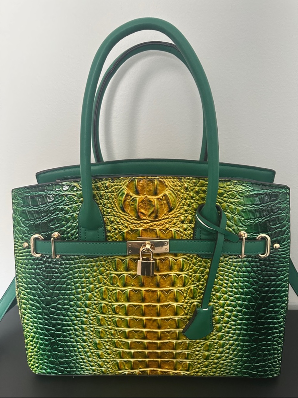 Green & Yellow Croc-Embossed Satchel with Detachable Strap - Picture 5 of 13